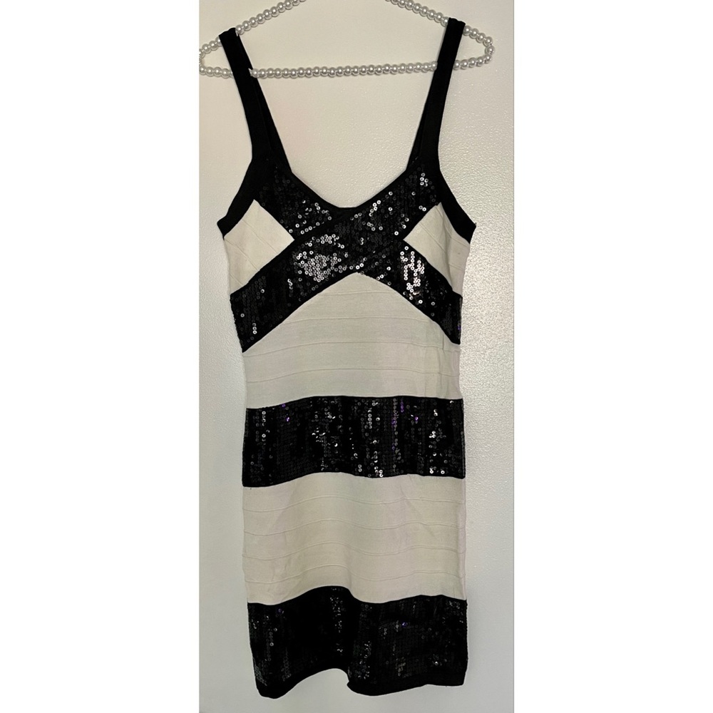 Embellished Sequins Black White Stretch Dress L